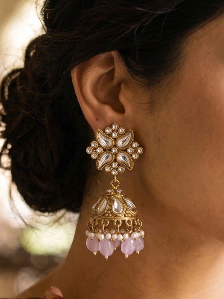 Sandhya Floral Desgin with Hanging Crystals Jhumkas