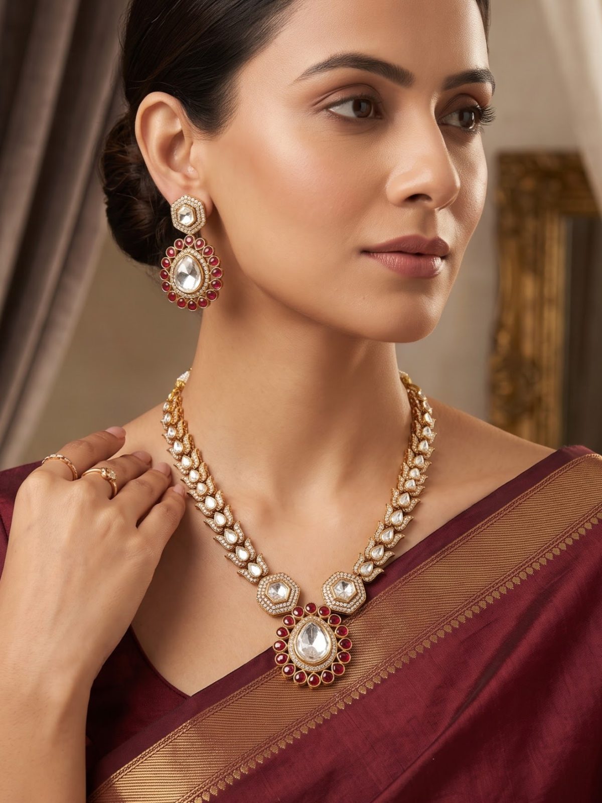 Avya Detailed Glass Kundan Long Necklace Set