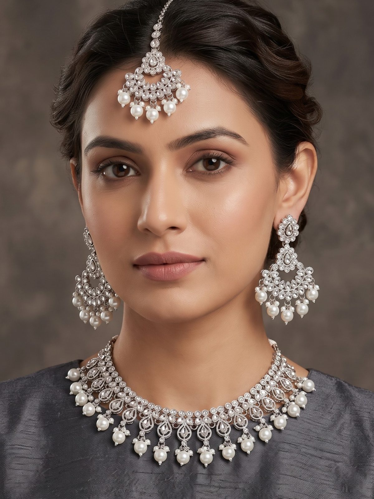 Tanaya Crystals Stone Necklace Set with White Pearls