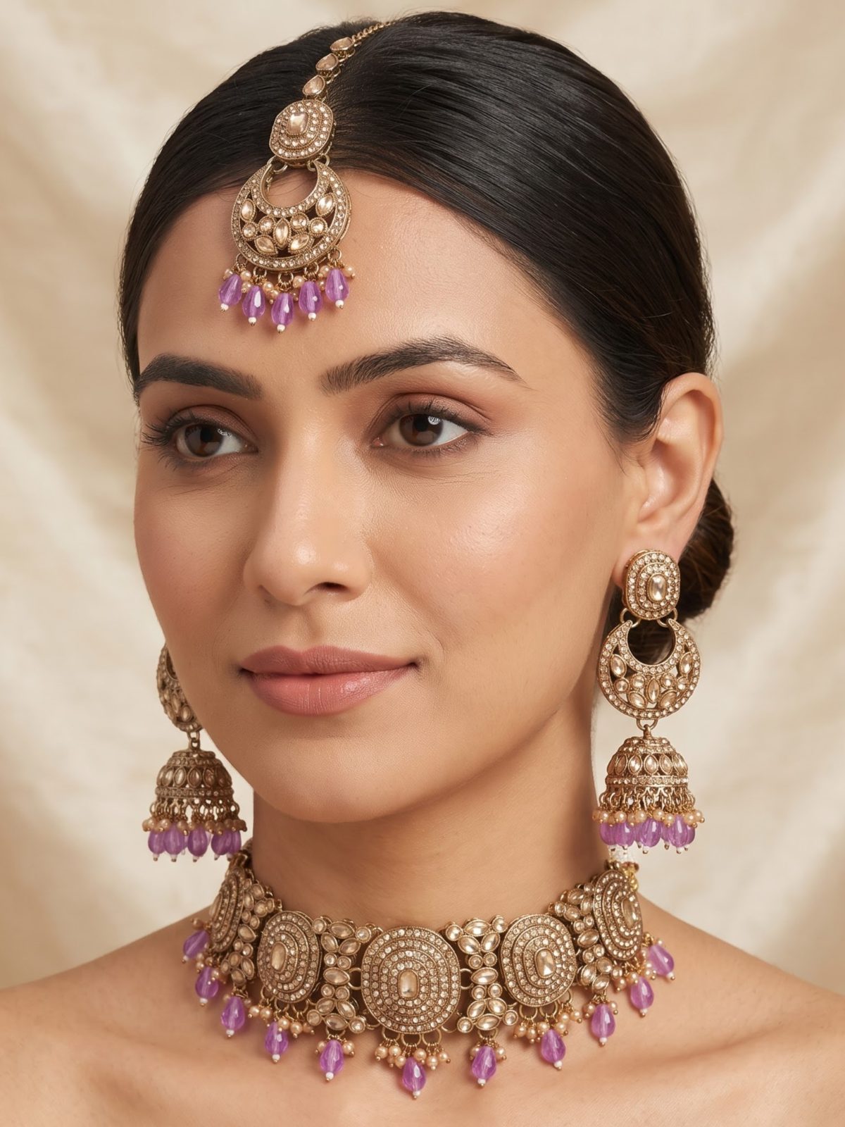 Lavnya Golden Crystal Stone Necklace Set With Maang Tikka