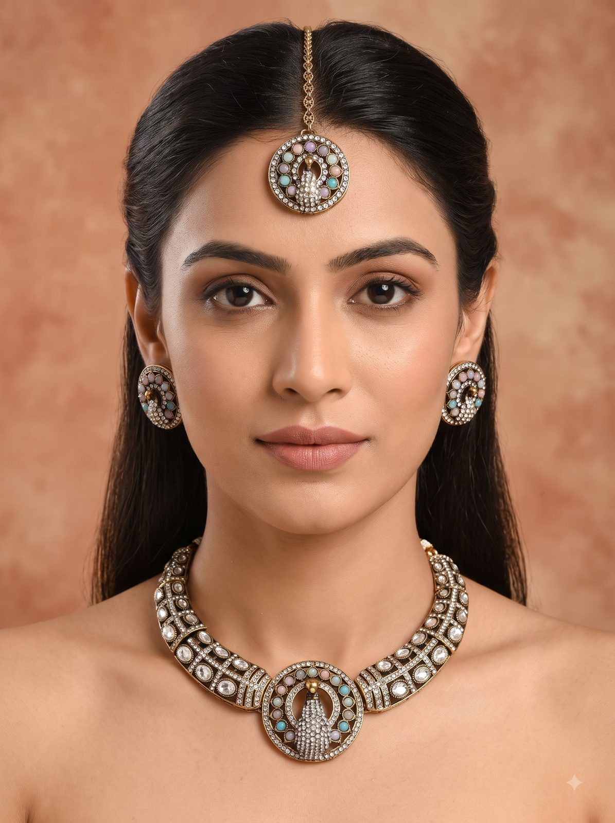 Radhika Intricate Peacock Gemstone Choker Necklace