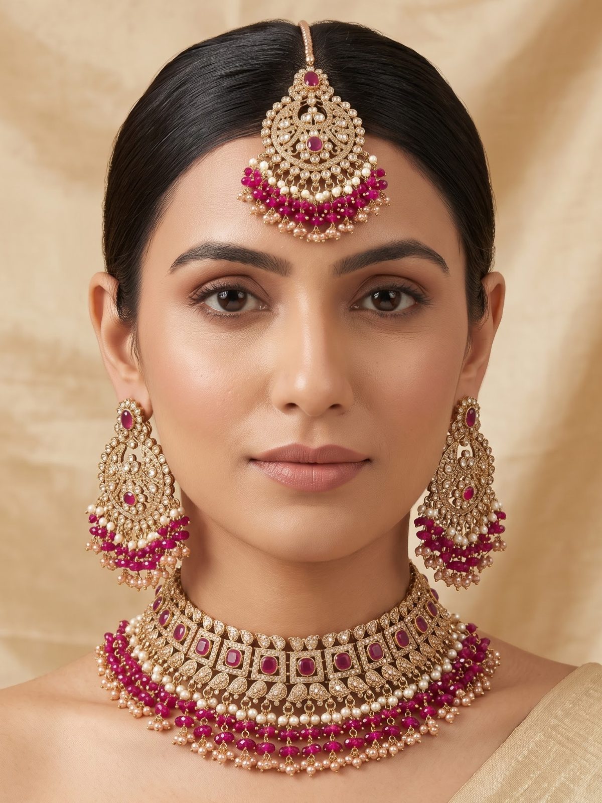 Raha Shadow Stone Necklace Set with Pearls Hanging