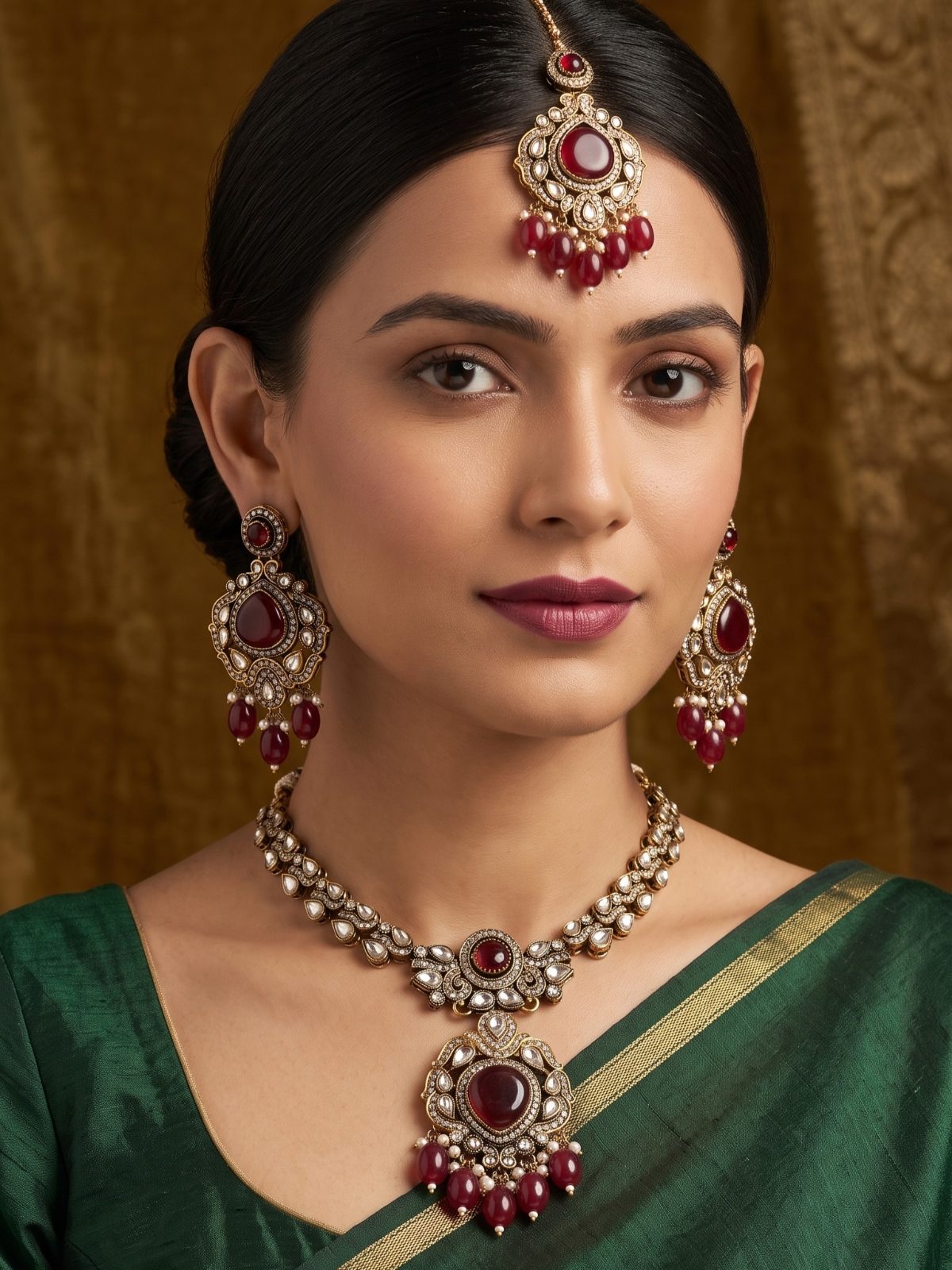 Natya Semi-Long Victorian Zircon and Monalisa Stone Necklace Set
