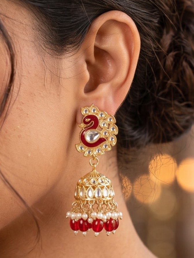 Devika Kundan Meenakari with Peacock Style Jhumkas
