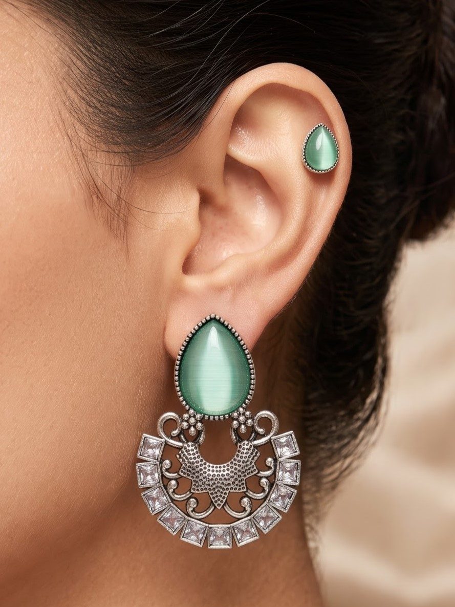 Vedika Oxidised Silver Geometric Bar Earrings