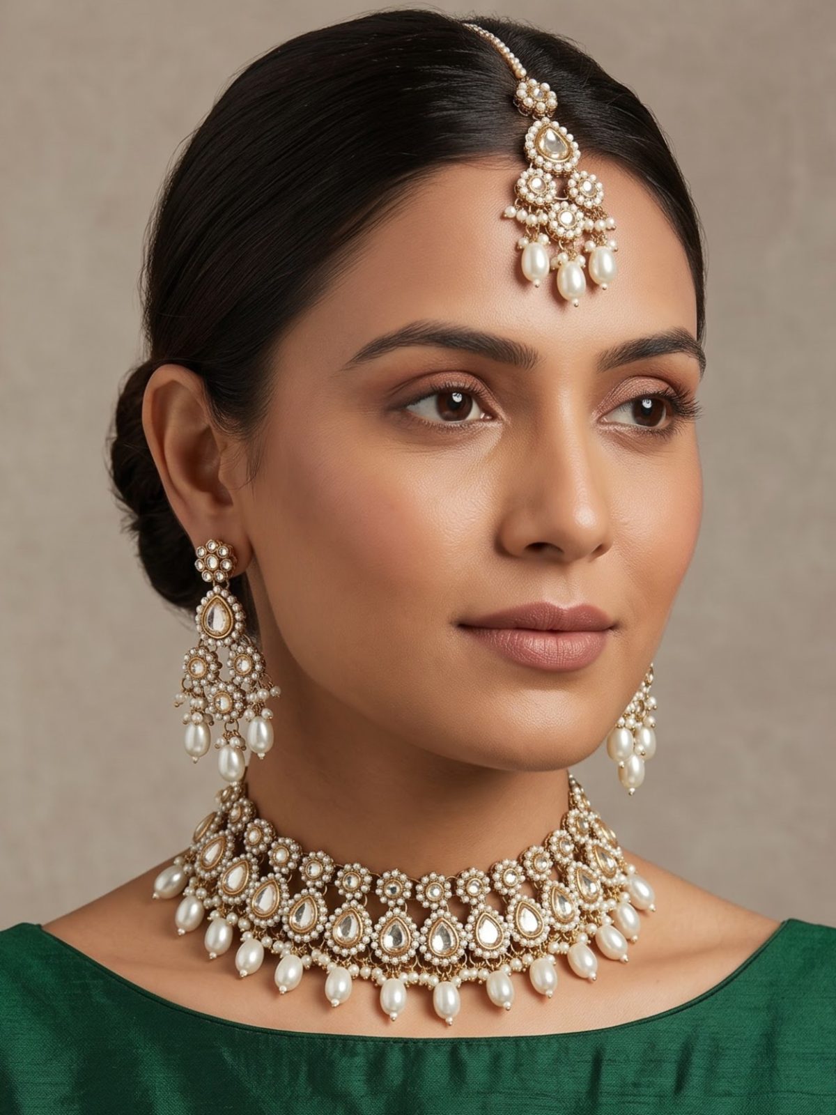 Diya Kundan and Pearls Hanging Necklace Set with Maang Tikka