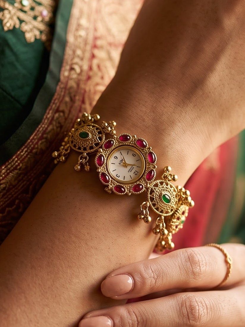 Ishika Ruby Emerald Stone Studded Bracelet Watch