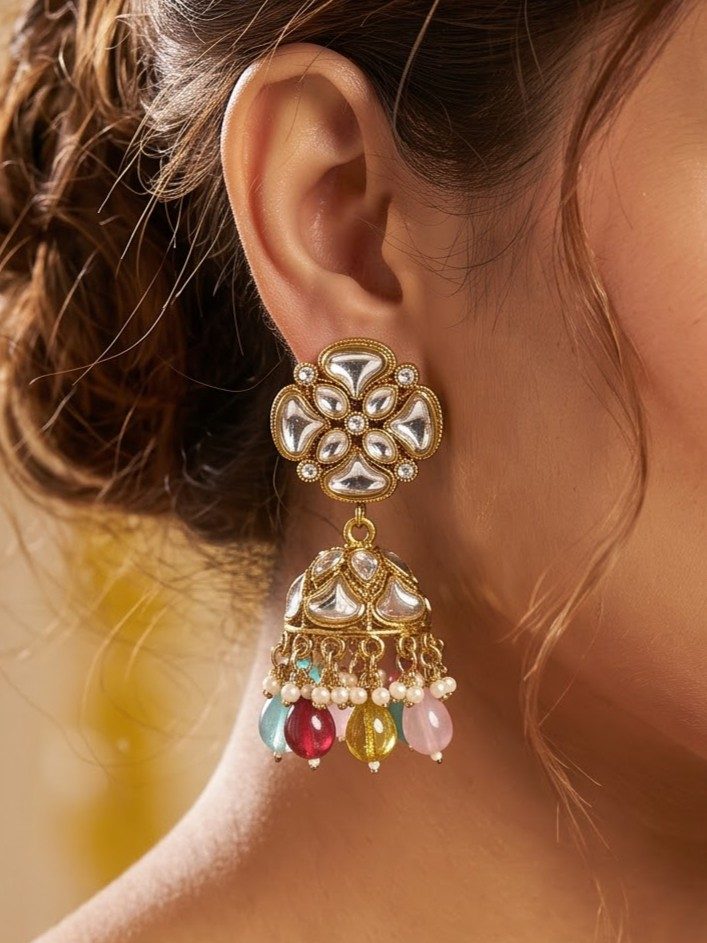 Manvi Kundan Jhumkas with Crystals and Pearls Hangings