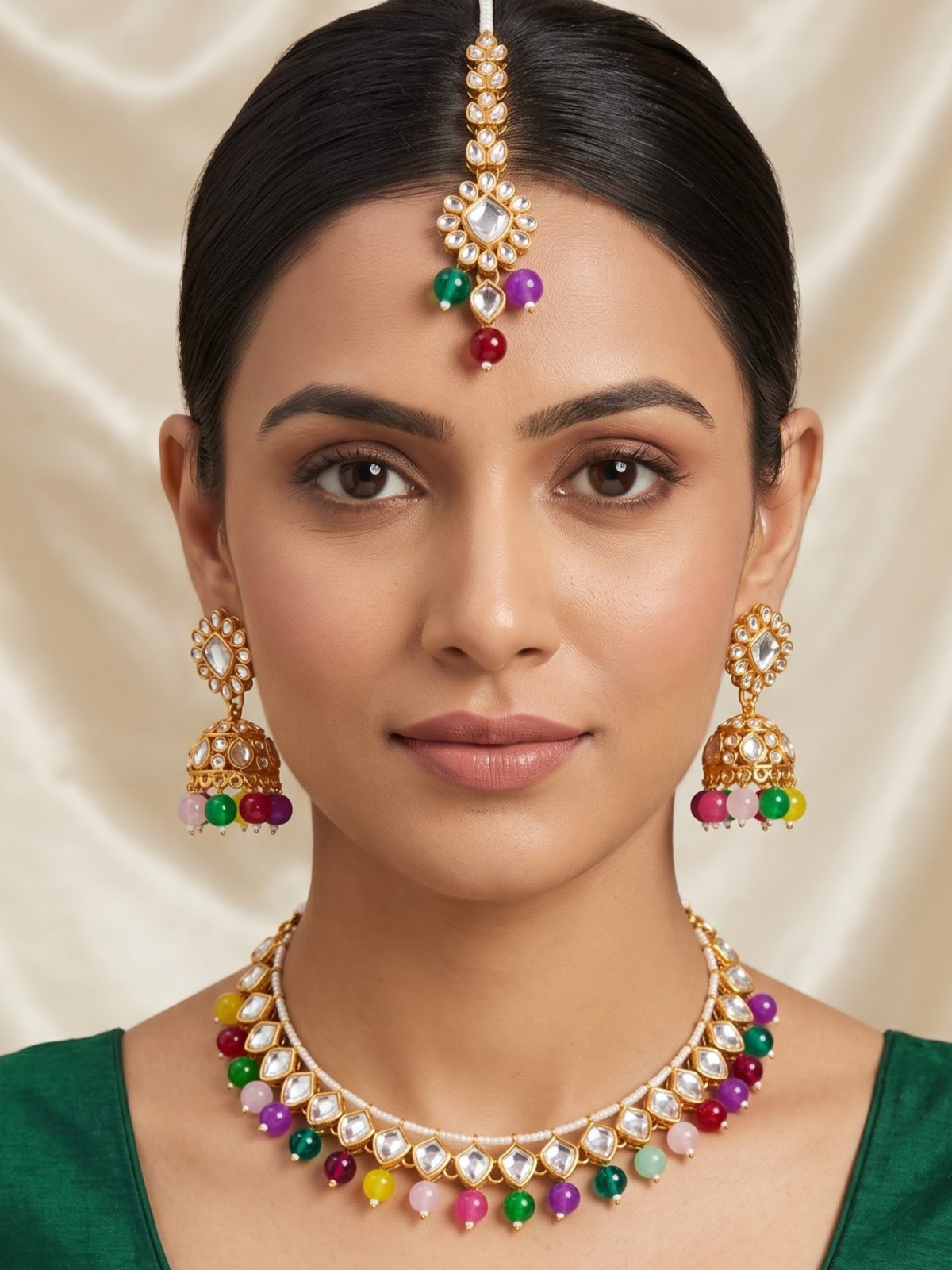 Lavi Pearls Hanging and Kundan Sleek Necklace Set with Tikka