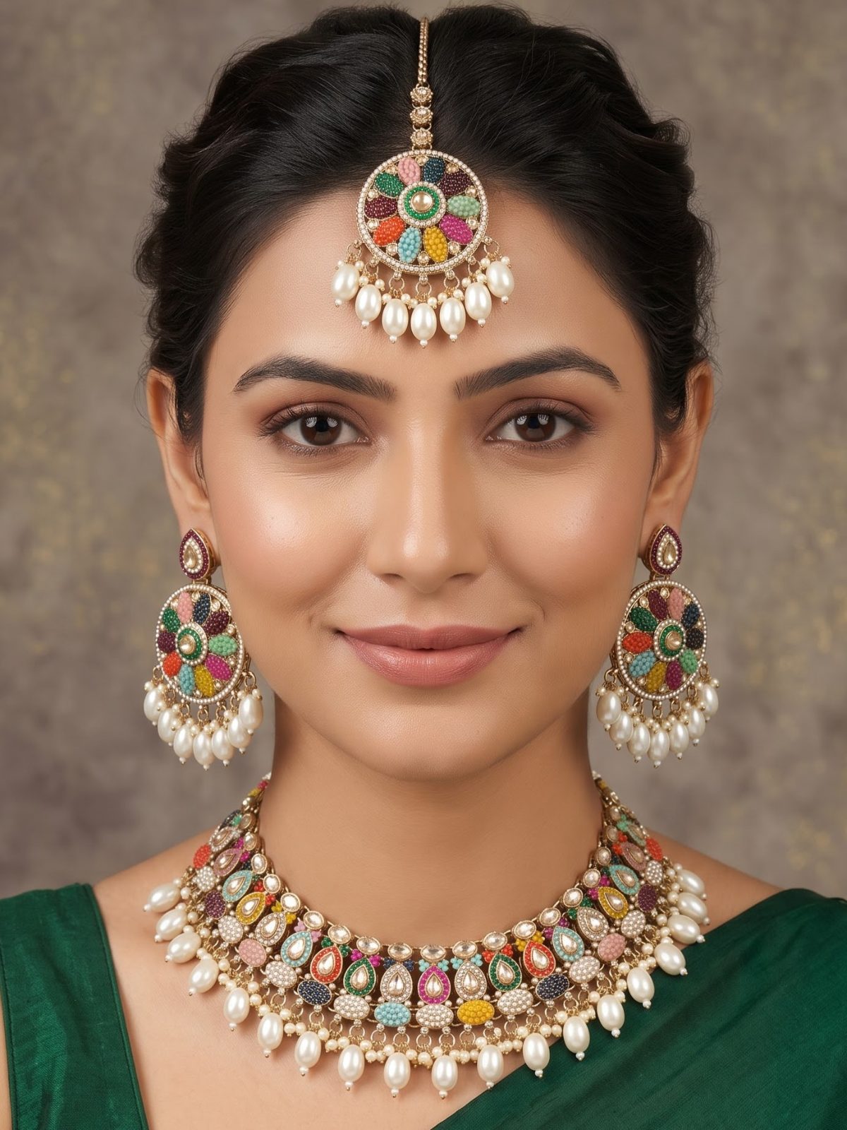 Shanya Detailed Kundan Necklace set with Hanging Pearls