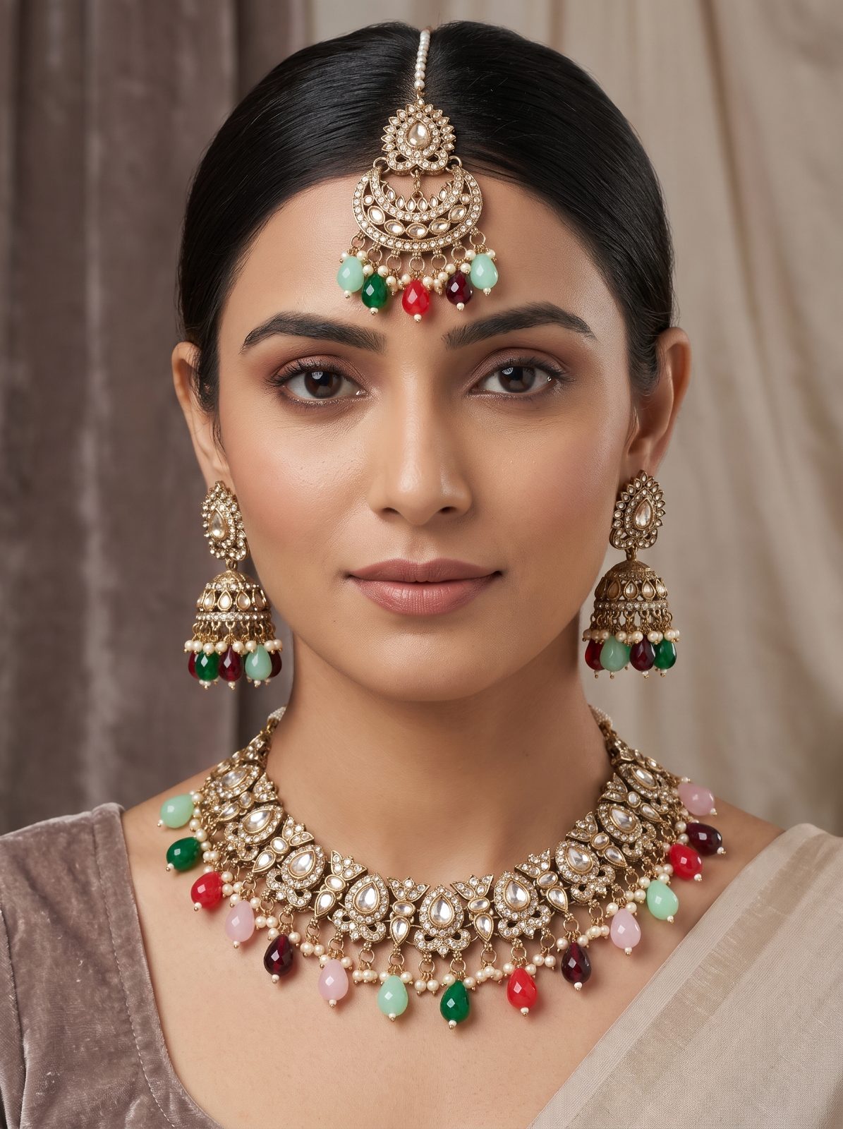Mahi Colorful Pearls Hanging and Kundan Necklace Set with Maang Tikka
