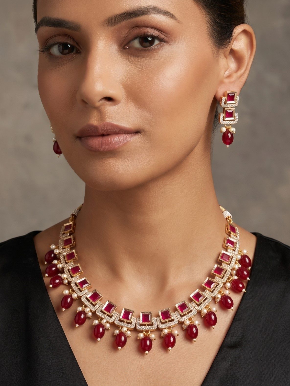 Shristi Victorian Zircon Necklace Set with Hanging Pearls