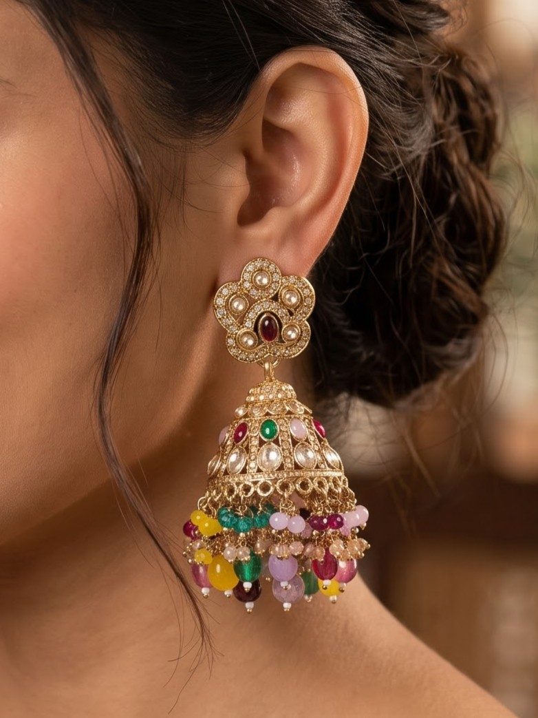 Aarti Golden Zercon with Hanging Crystals Jhumka